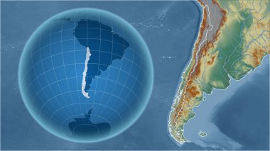 Şili. Zoom haritasına karşı ülkenin şekline sahip bir dünya. topografik yardım haritası
