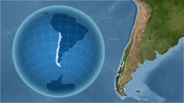 Şili. Zoom haritasına karşı ülkenin şekline sahip bir dünya. uydu resimleri