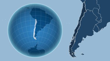 Şili. Zoom haritasına karşı ülkenin şekline sahip bir dünya. Sadece şekiller - kara / okyanus maskesi