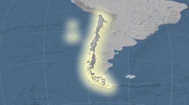 Şili ve çevresi. Uzak eğimli perspektif - şekil parlıyordu. Gri tonlama yükseklik haritası