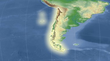 Şili ve çevresi. Uzak eğimli perspektif - şekil parlıyordu. renk fiziksel haritası