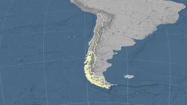 Şili ve çevresi. Uzak eğimli perspektif - şekil çizilmiş. Gri tonlama yükseklik haritası