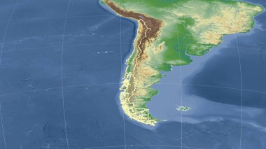 Şili ve çevresi. Uzak eğimli perspektif - şekil çizilmiş. renk fiziksel haritası