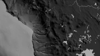 Arica y Parinacota, Şili bölgesi. Gölleri ve nehirleri olan gri tonlu bir harita. Ülke alanına göre şekillendirilmiş. 3B görüntüleme