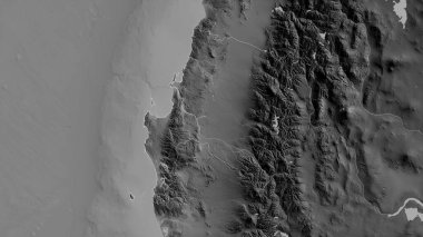 Bio-Biyoloji, Şili bölgesi. Gölleri ve nehirleri olan gri tonlu bir harita. Ülke alanına göre şekillendirilmiş. 3B görüntüleme