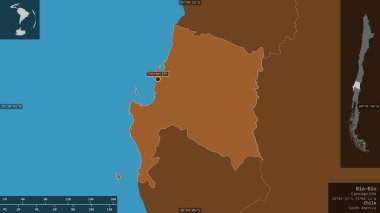 Bio-Biyoloji, Şili bölgesi. Gölleri ve nehirleri olan katı yapılar. Ülke alanına karşı bilgilendirici örtülerle sunulan şekil. 3B görüntüleme