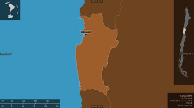 Coquimbo, Şili bölgesi. Gölleri ve nehirleri olan katı yapılar. Ülke alanına karşı bilgilendirici örtülerle sunulan şekil. 3B görüntüleme