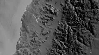 Libertador General Bernardo O 'Higgins, Şili bölgesi. Gölleri ve nehirleri olan gri tonlu bir harita. Ülke alanına göre şekillendirilmiş. 3B görüntüleme