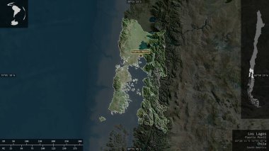 Los Lagos, Şili bölgesi. Uydu görüntüleri. Ülke alanına karşı bilgilendirici örtülerle sunulan şekil. 3B görüntüleme