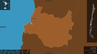 Los Rios, Şili bölgesi. Gölleri ve nehirleri olan katı yapılar. Ülke alanına karşı bilgilendirici örtülerle sunulan şekil. 3B görüntüleme