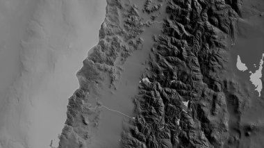 Maule, Şili bölgesi. Gölleri ve nehirleri olan gri tonlu bir harita. Ülke alanına göre şekillendirilmiş. 3B görüntüleme