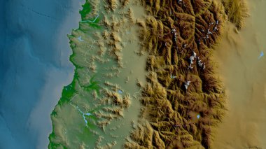 Metropolitana de Santiago bölgesi, Şili bölgesi. Gölleri ve nehirleri olan renkli gölge verileri. Ülke alanına göre şekillendirilmiş. 3B görüntüleme