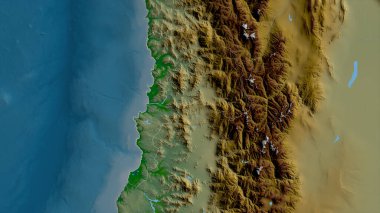 Valparaiso, Şili bölgesi. Gölleri ve nehirleri olan renkli gölge verileri. Ülke alanına göre şekillendirilmiş. 3B görüntüleme