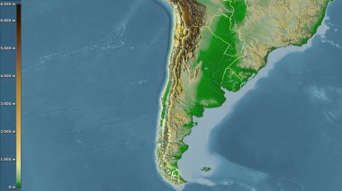 Şili bölgesinin fiziksel haritası efsanevi stereografik projeksiyonla - ışık saçan ana hatlı raster tabakalarının ham bileşimi