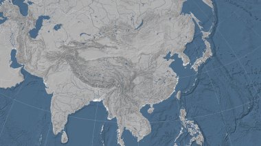 Çin ve komşuları. Uzak eğimli perspektif - özet yok. Gri tonlama yükseklik haritası