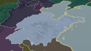 Shandong - Çin vilayeti yakınlaştırıldı ve altı çizildi. İdari bölümün renkli ve çarpık haritası. 3B görüntüleme