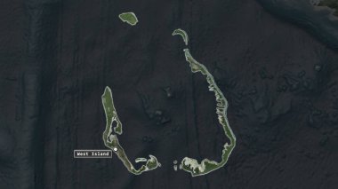 Cocos Adaları 'nın güney Keeling bölgesinin başkent noktası ve doyumsuz haritasında işaretlenmiş bölgesi. Uydu görüntüleri