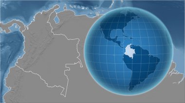Kolombiya 'da. Zoom haritasına karşı ülkenin şekline sahip bir dünya. Gri tonlama yükseklik haritası