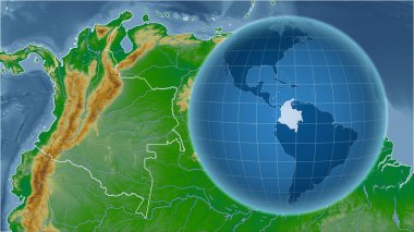 Kolombiya 'da. Zoom haritasına karşı ülkenin şekline sahip bir dünya. renk fiziksel haritası