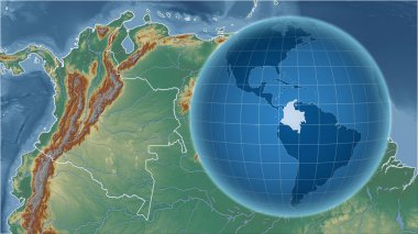 Kolombiya 'da. Zoom haritasına karşı ülkenin şekline sahip bir dünya. topografik yardım haritası