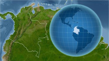 Kolombiya 'da. Zoom haritasına karşı ülkenin şekline sahip bir dünya. uydu resimleri