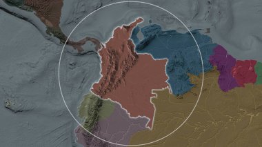 Kolombiya 'nın genişletilmiş bölgesi çevresinin arka planında bir çemberle çevrili. İdari bölümün renk haritası