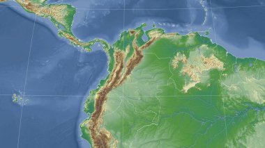 Kolombiya ve mahallesi. Uzak eğimli perspektif - özet yok. renk fiziksel haritası