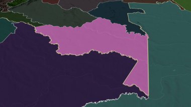 Amazonlar - Kolombiya delegesi yakınlaştırıldı ve altı çizildi. İdari bölümün renkli ve çarpık haritası. 3B görüntüleme