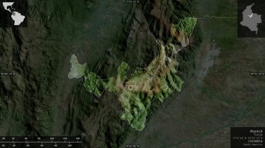 Boyaca , department of Colombia. Satellite imagery. Shape presented against its country area with informative overlays. 3D rendering clipart