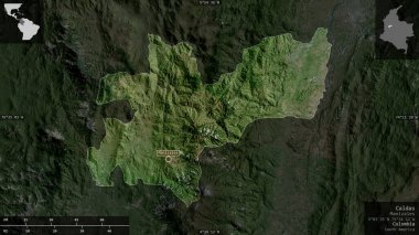 Caldas, Kolombiya Departmanı. Uydu görüntüleri. Ülke alanına karşı bilgilendirici örtülerle sunulan şekil. 3B görüntüleme