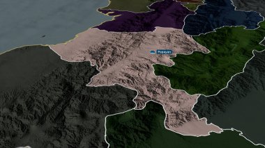 Cauca - Kolombiya Departmanı sermaye ile yakınlaştırıldı ve ön plana çıkarıldı. İdari bölümün renkli ve çarpık haritası. 3B görüntüleme