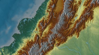 Cauca, Kolombiya Bölümü. Göller ve nehirlerle renkli rahatlama. Ülke alanına göre şekillendirilmiş. 3B görüntüleme
