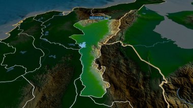 Cesar - Kolombiya Departmanı sermaye ile yakınlaştırıldı ve ön plana çıkarıldı. Ana fiziksel manzara özellikleri. 3B görüntüleme