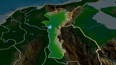 Cesar - Kolombiya Departmanı yakınlaştırıldı ve altı çizildi. Ana fiziksel manzara özellikleri. 3B görüntüleme