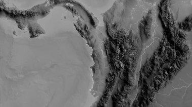 Choco, Kolombiya Departmanı. Gölleri ve nehirleri olan gri tonlu bir harita. Ülke alanına göre şekillendirilmiş. 3B görüntüleme