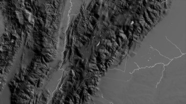 Cundinamarca, Kolombiya Departmanı. Gölleri ve nehirleri olan gri tonlu bir harita. Ülke alanına göre şekillendirilmiş. 3B görüntüleme