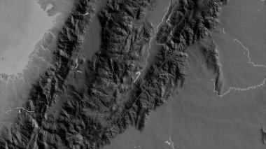 Huila, Kolombiya Departmanı. Gölleri ve nehirleri olan gri tonlu bir harita. Ülke alanına göre şekillendirilmiş. 3B görüntüleme