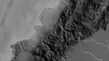 Narino, Kolombiya Departmanı. Gölleri ve nehirleri olan gri tonlu bir harita. Ülke alanına göre şekillendirilmiş. 3B görüntüleme