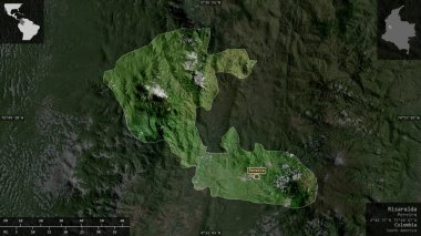 Risaralda, Kolombiya Departmanı. Uydu görüntüleri. Ülke alanına karşı bilgilendirici örtülerle sunulan şekil. 3B görüntüleme
