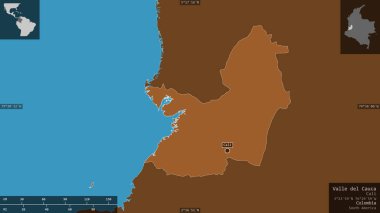 Valle del Cauca, Kolombiya Departmanı. Gölleri ve nehirleri olan katı yapılar. Ülke alanına karşı bilgilendirici örtülerle sunulan şekil. 3B görüntüleme