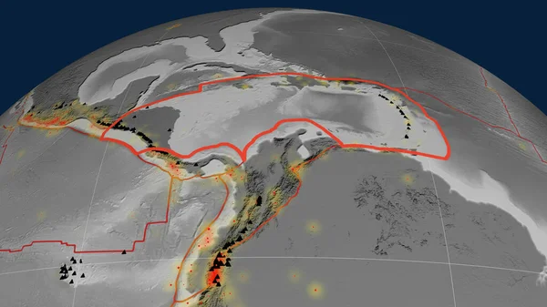 Caribbean tectonic plate outlined on the globe. grayscale elevation map. 3D rendering