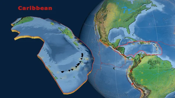 加勒比板块描述 挤压并呈现在地球上 自然地球地形图 3D渲染 — 图库照片