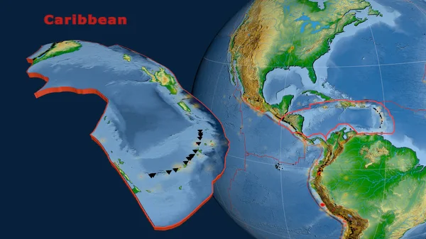 Karaibska Płyta Tektoniczna Opisana Wytłaczana Prezentowana Kuli Ziemskiej Mapa Fizyczna — Zdjęcie stockowe