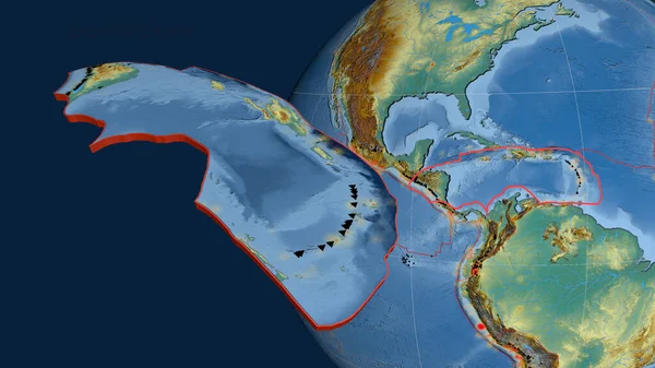 Caribbean tectonic plate extruded and presented against the globe. topographic relief map. 3D rendering