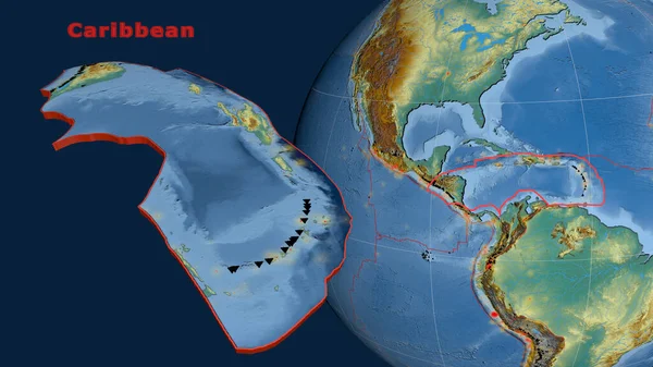 Caribbean tectonic plate described, extruded and presented against the globe. topographic relief map. 3D rendering