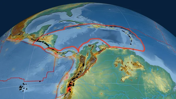 Karibská Tektonická Deska Nastíněná Zeměkouli Topografická Reliéfní Mapa Vykreslování — Stock fotografie