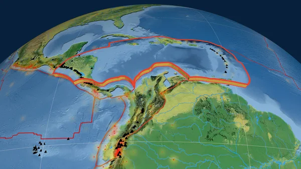 Karibská Tektonická Deska Vytlačená Zeměkouli Topografická Mapa Vykreslování — Stock fotografie