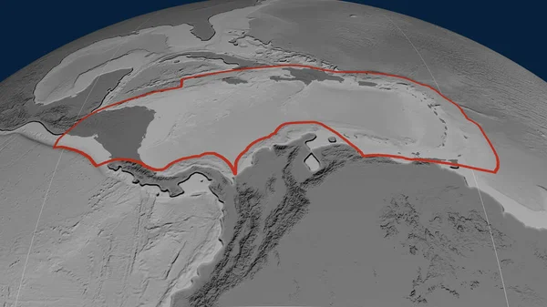 Карибская Тектоническая Плита Очерченная Земном Шаре Grayscale Elevation Map Рендеринг — стоковое фото