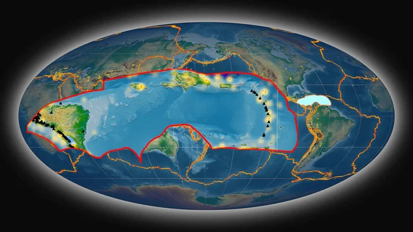 Caribbean tectonic plate extruded and presented against the global color physical map in the Mollweide projection. 3D rendering