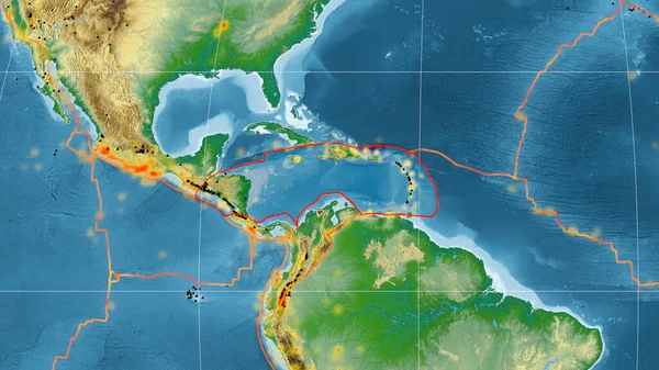 Caribbean tectonic plate outlined on the global color physical map in the Mollweide projection. 3D rendering